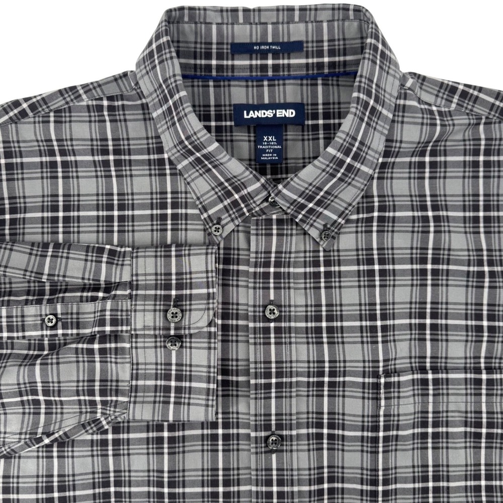 Lands End Mens XXL Plaid Button Down Shirt Traditional Fit No Iron Gray/ Black